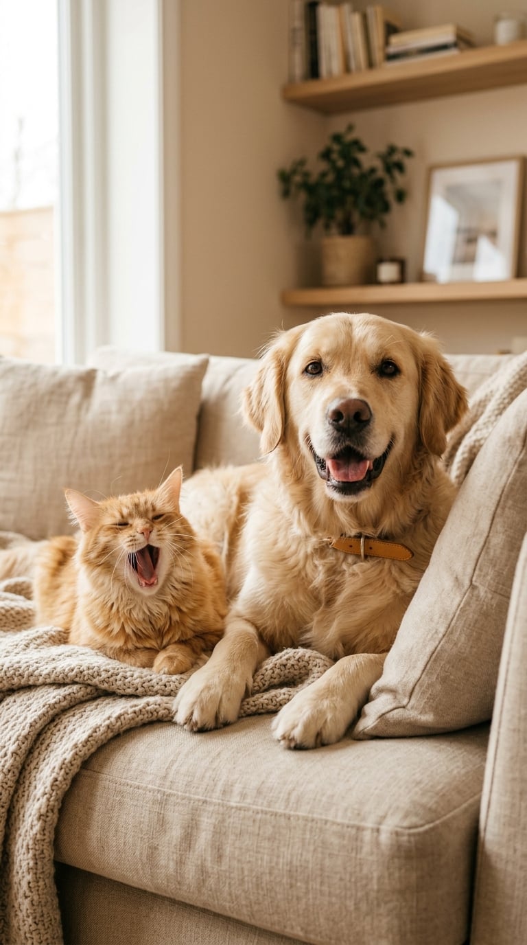 Собака и кот отдыхают на диване