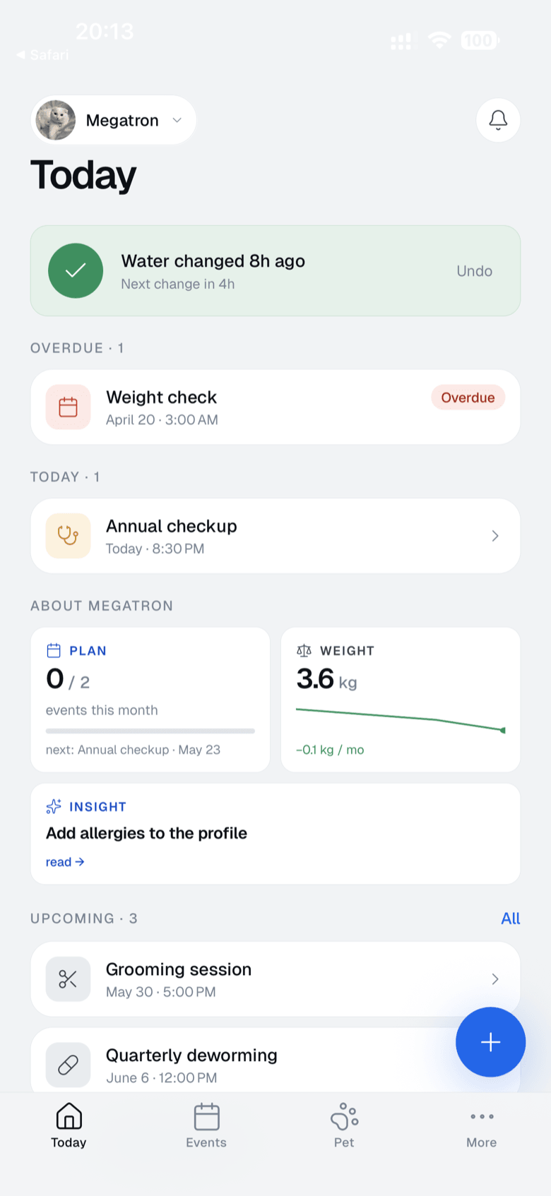 Today screen of the Platera app